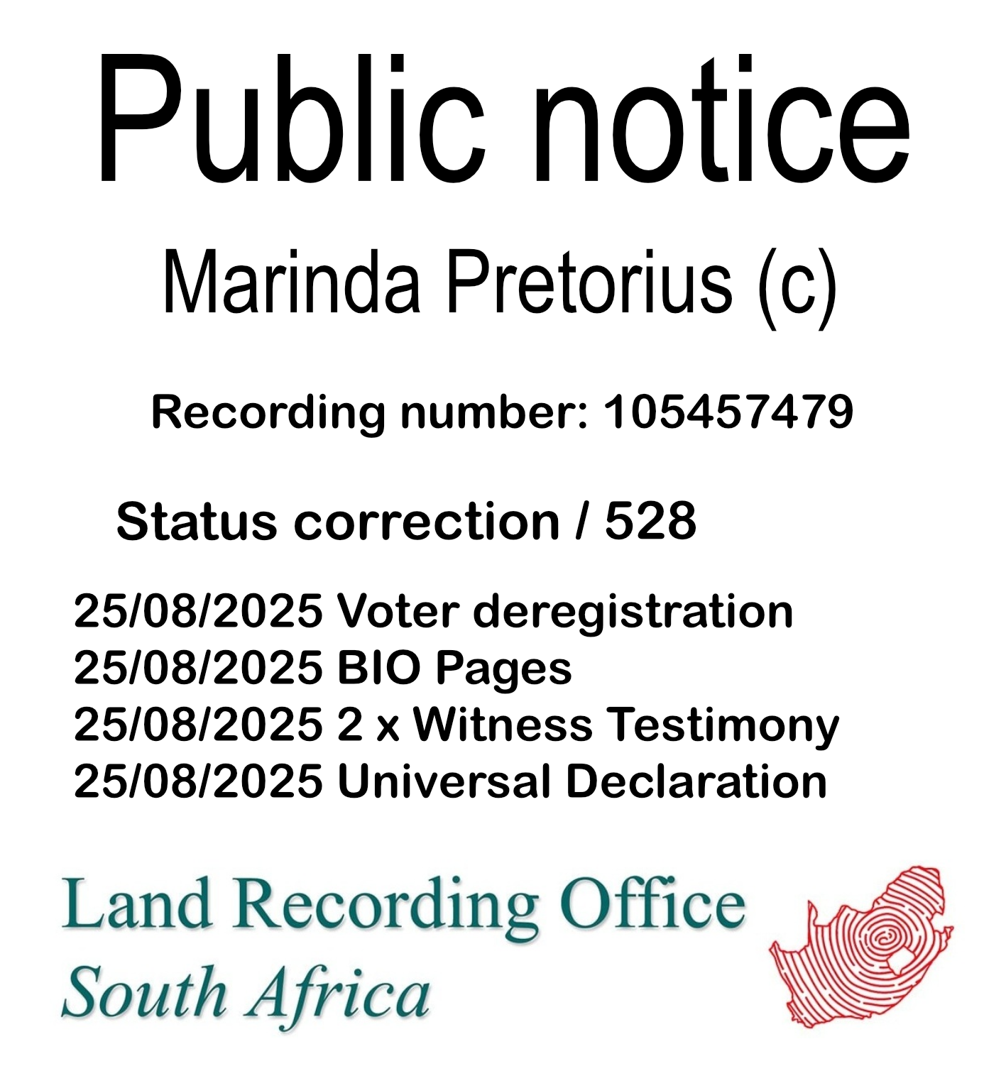 Public notice Marinda Pretorius (c) Recording number 105457479